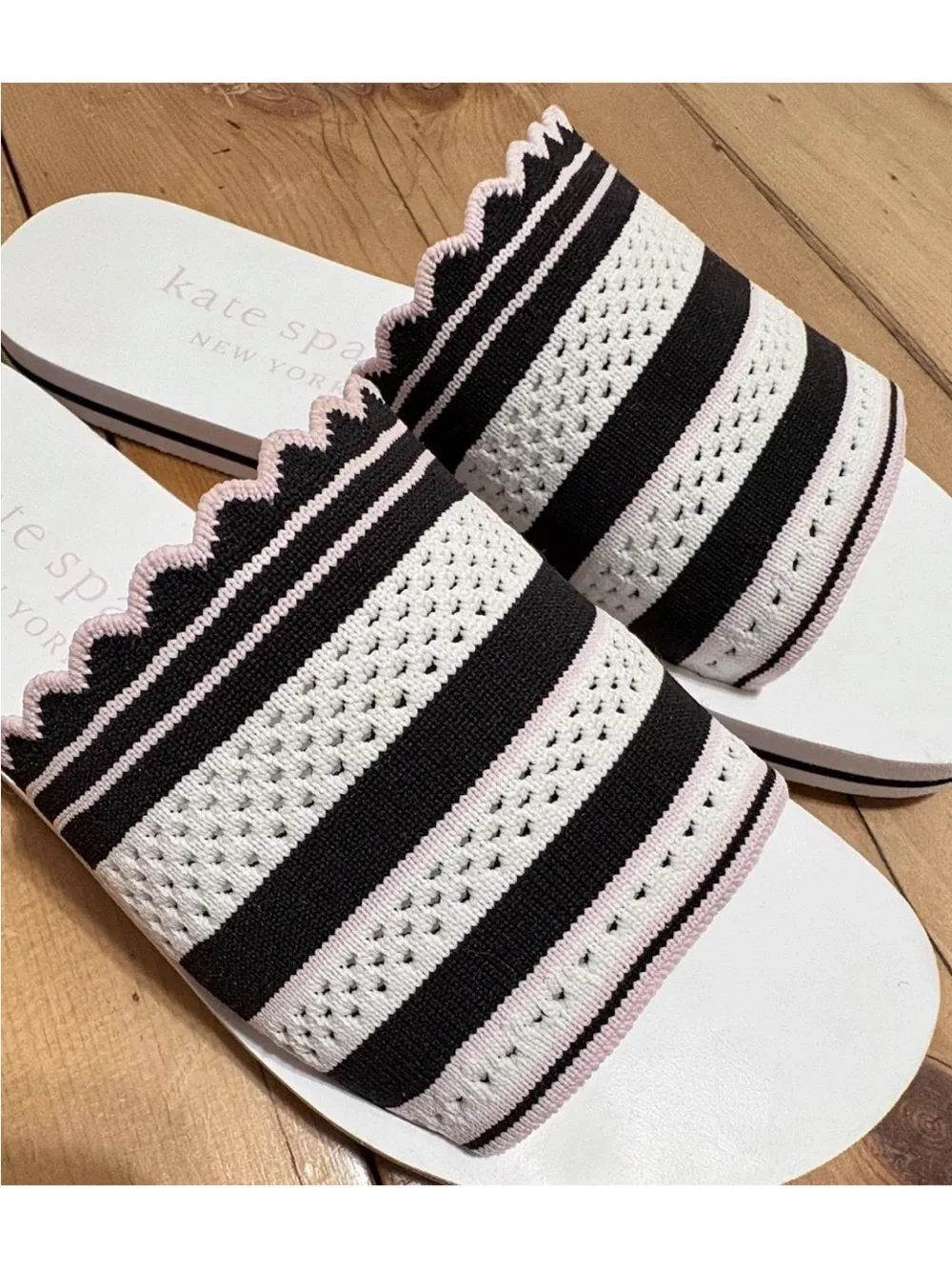 Kate Spade NY Festival Slide Sandal - 8.5 White Black Pink Knit Fabric